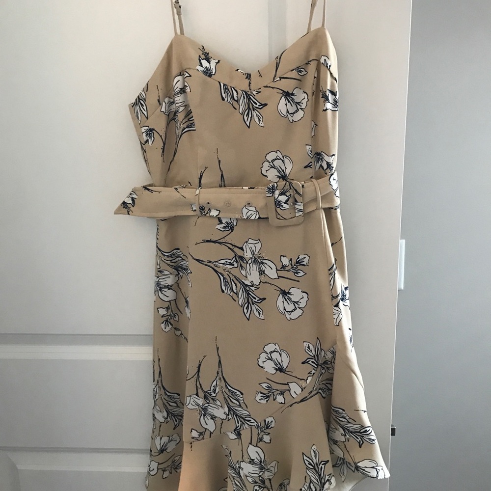 Cream and blue floral dress with belt